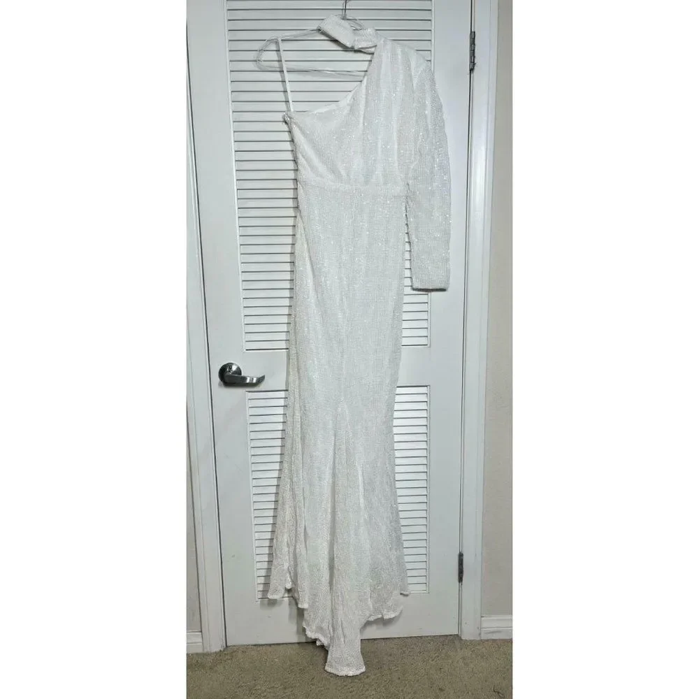 White Sequin Long Sleeve One Shoulder Mock Neck Bodycon Mermaid Maxi Dress NWT - Picture 8 of 8